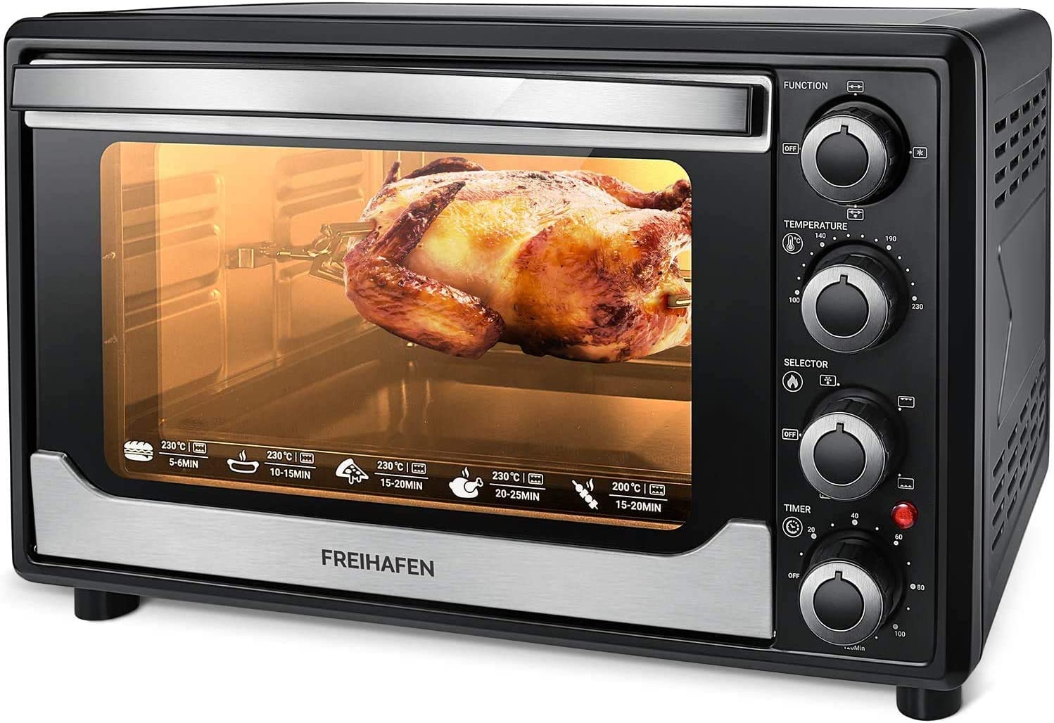 Interior brillante de acero inoxidable de un mini horno con luz halógena encendida