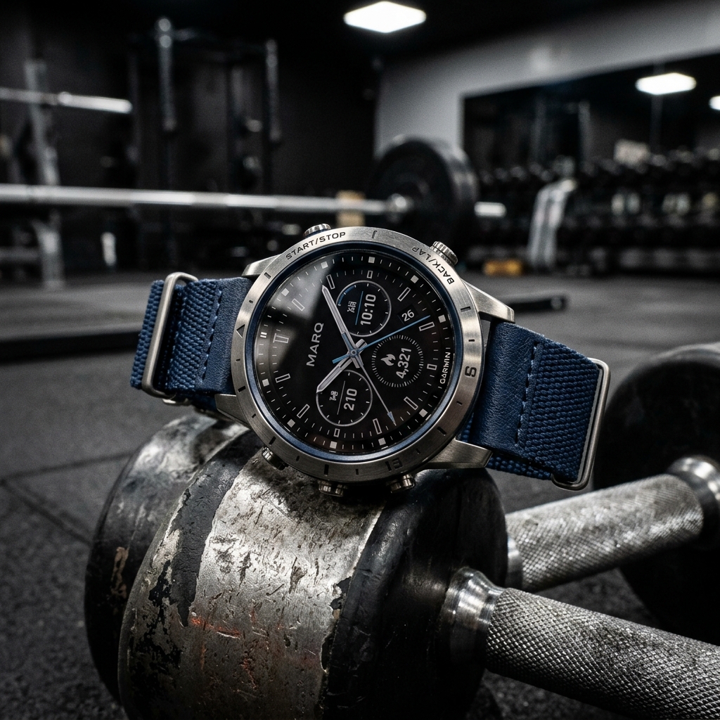 Detalle de un smartwatch premium apoyado sobre equipo de gimnasio