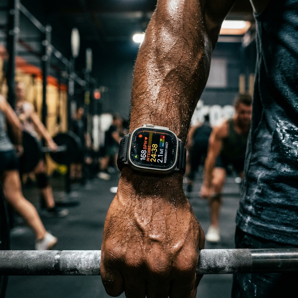 Persona corriendo con un smartwatch moderno midiendo sus pulsaciones