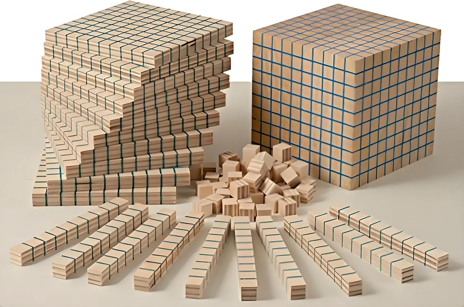 Detalle de un material matemático estructurado de Base 10 en madera, utilizado en Montessori como pilar para un aprendizaje sólido de las magnitudes matemáticas