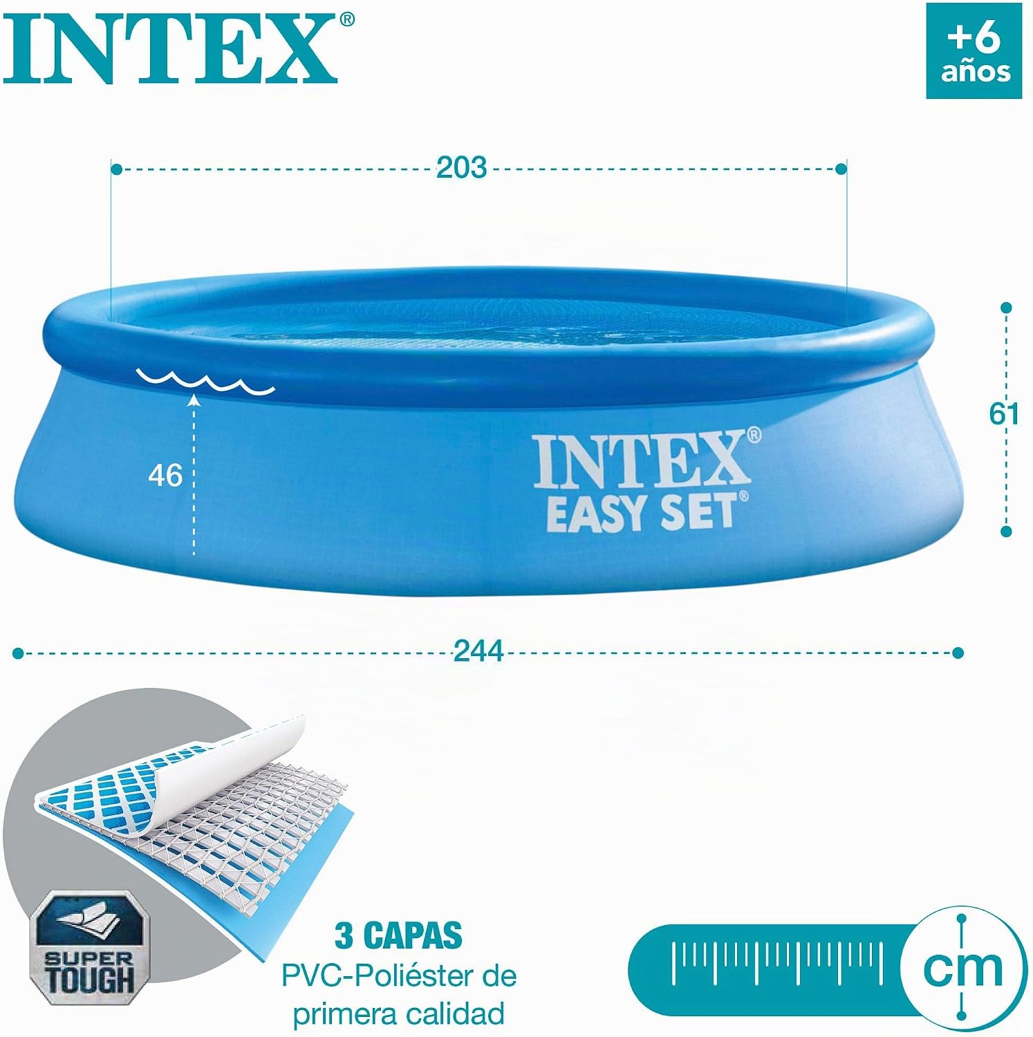 Detalle del material resistente Super-Tough y anillo inflable de la piscina Intex Easy Set