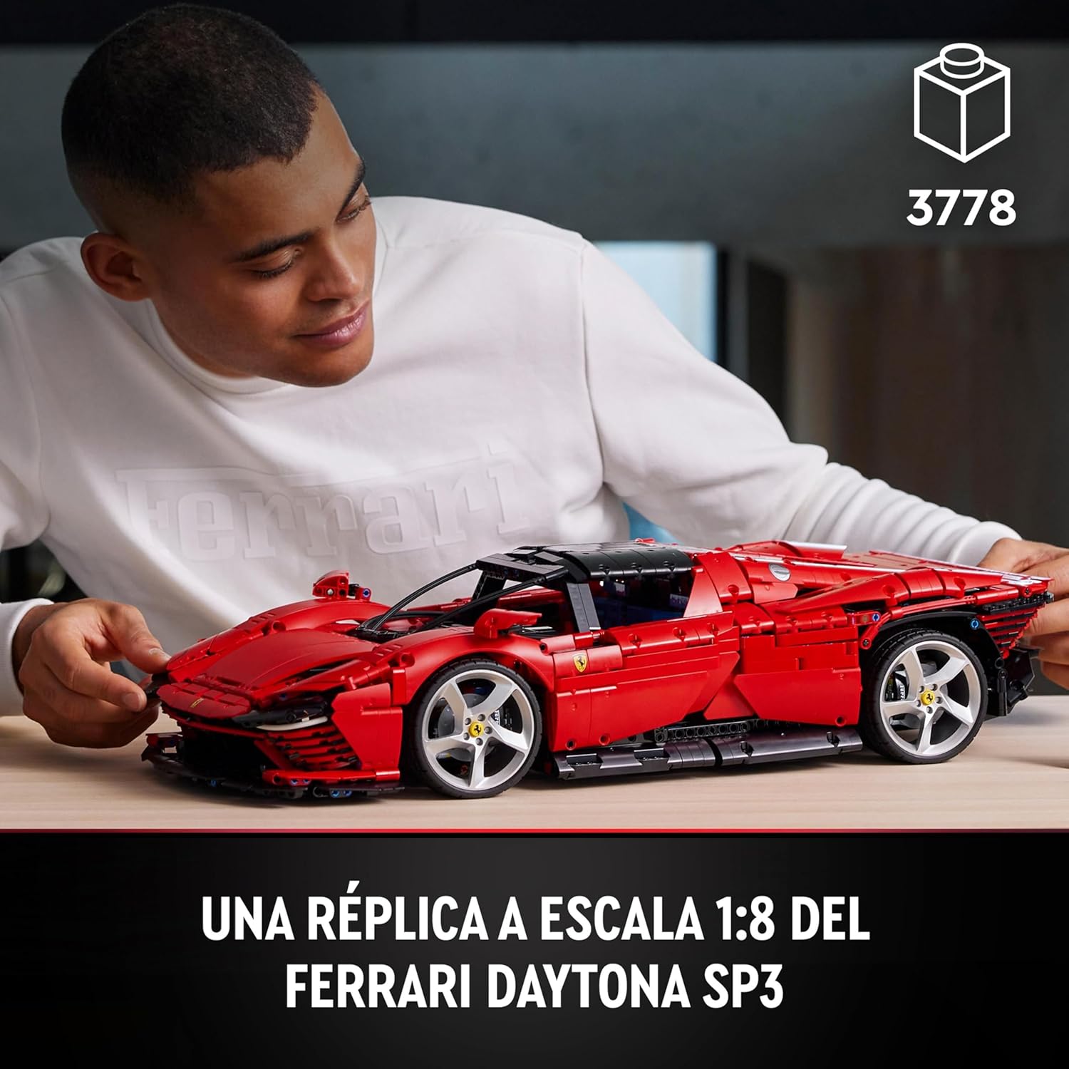 Vista en detalle de la increíble maquinaria y diseño del LEGO Technic Ferrari Daytona SP3 (42143)
