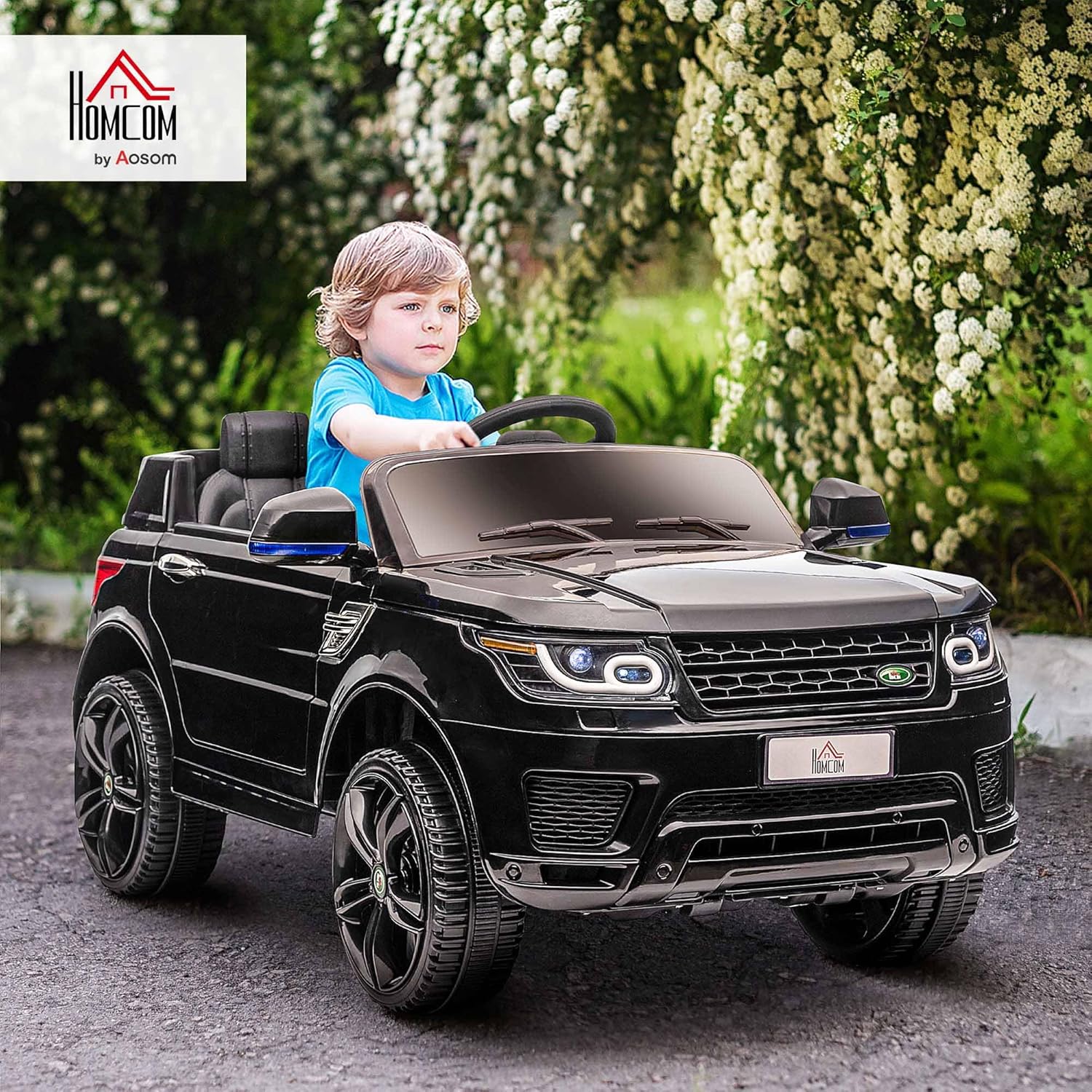 Plano detallado de los acabados interiores y exteriores del HOMCOM SUV Negro 12V para Niños