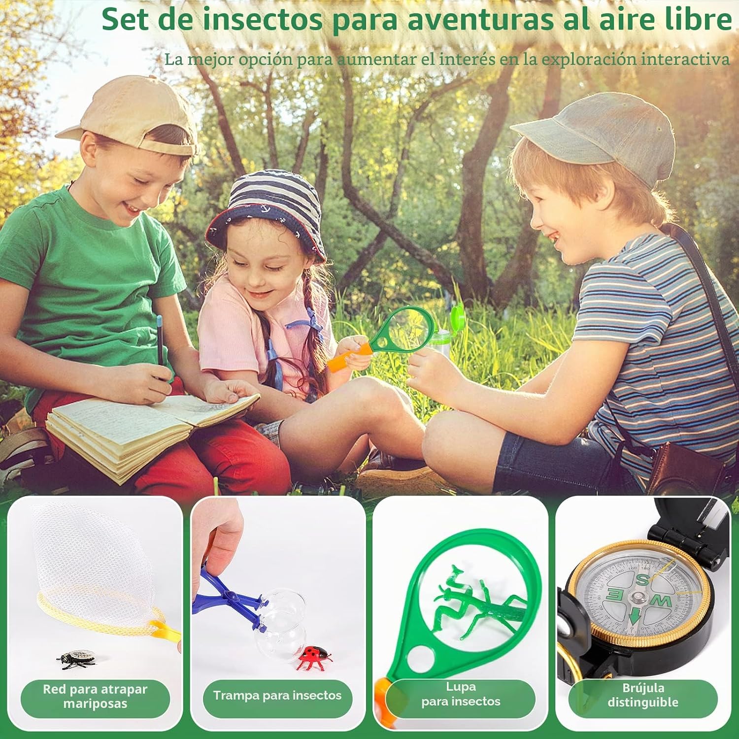 Detalle de un kit de explorador para niños en la naturaleza, incluyendo una lupa de aumento real y accesorios para observar insectos en el bosque