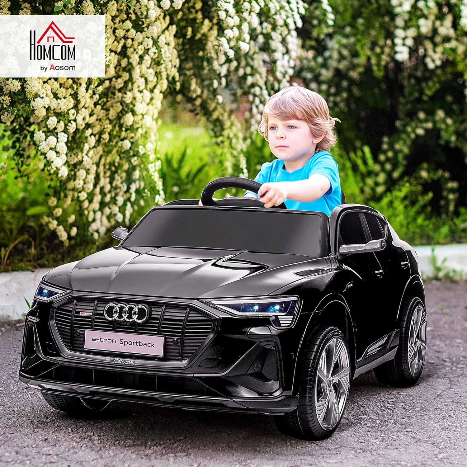Plano detallado de los acabados interiores y exteriores del HOMCOM Audi E-Tron Coche de Batería 12V