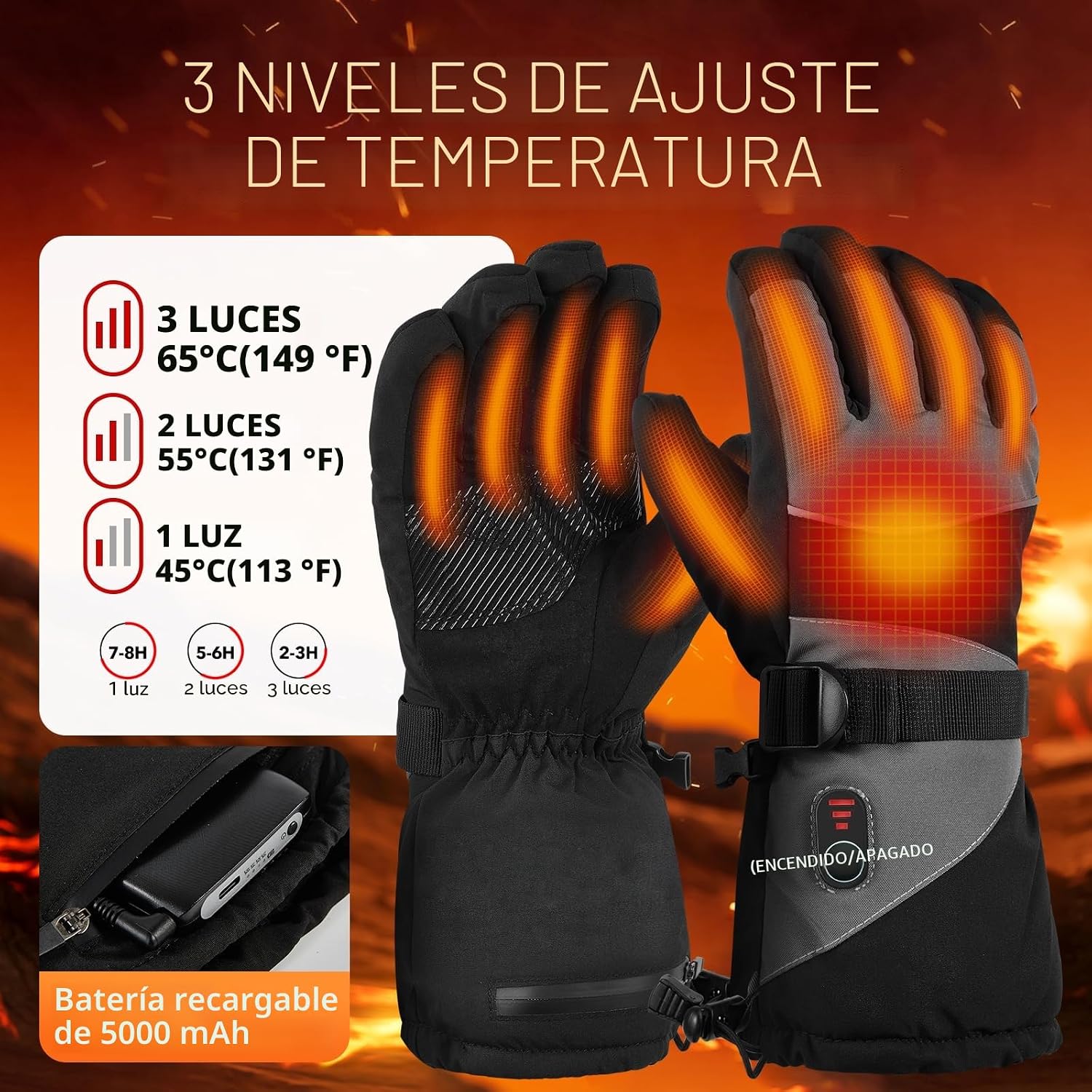 Guantes calefactables detalle de materiales