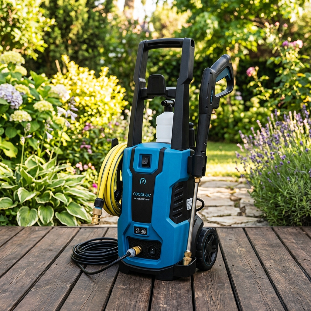 Hidrolimpiadora compacta Cecotec Hidroboost azul y negra sobre tarima de madera