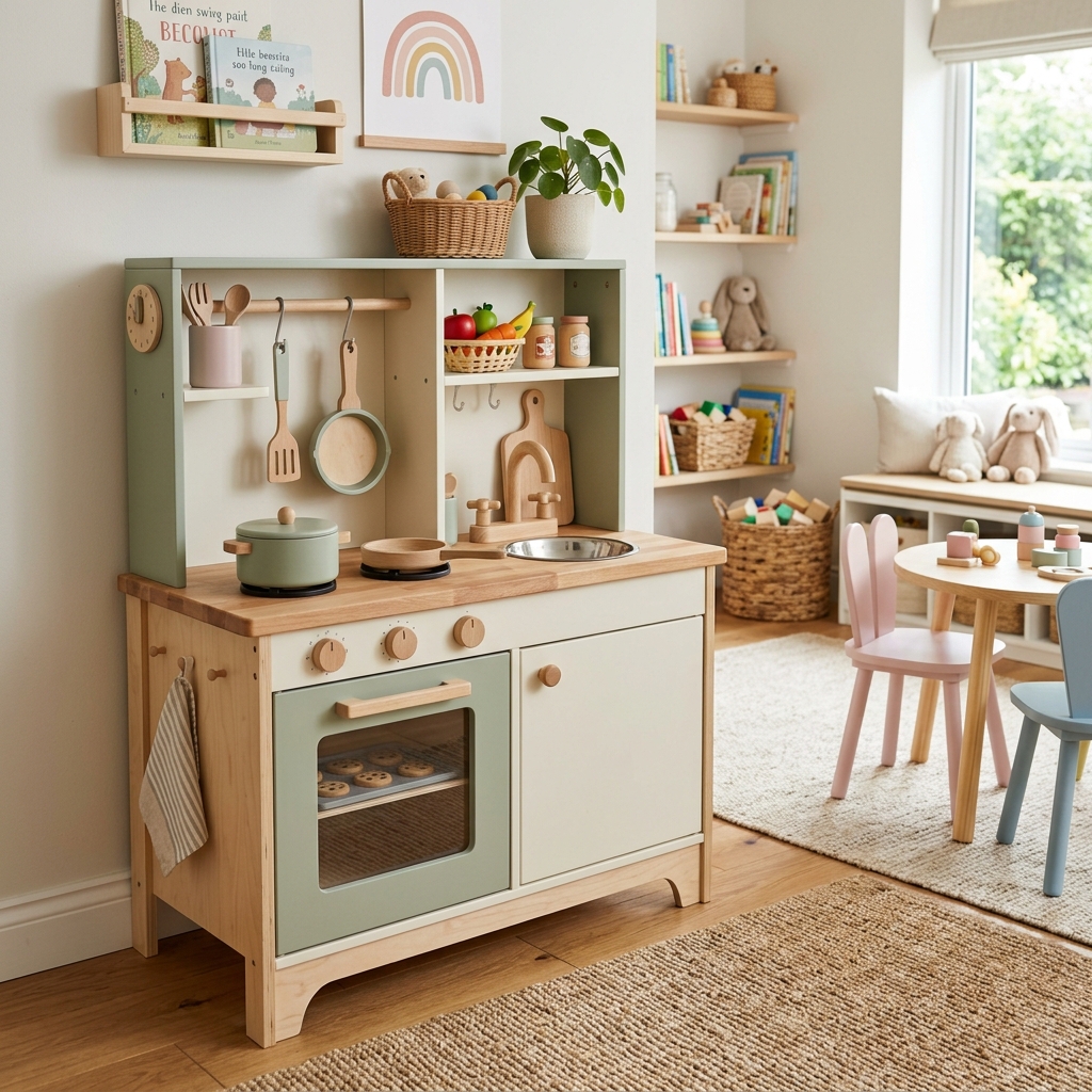 Niña jugando en una de las mejores cocinitas de juguete de madera estilo nórdico