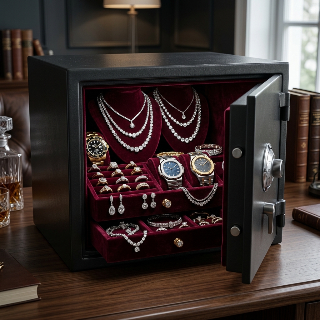 Interior de caja fuerte forrada en terciopelo llena de collares, diamantes y relojes de lujo