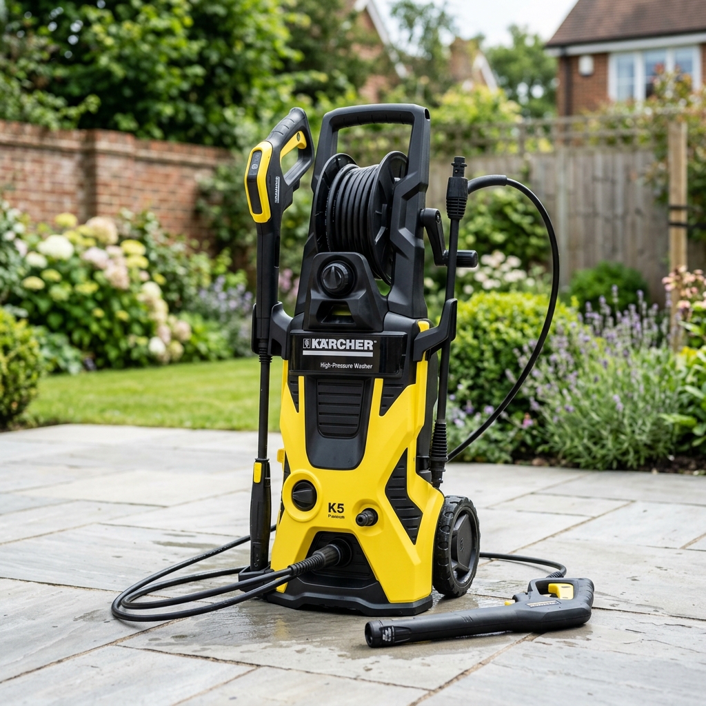 Hidrolimpiadora Karcher K5 amarilla profesional limpiando un patio exterior