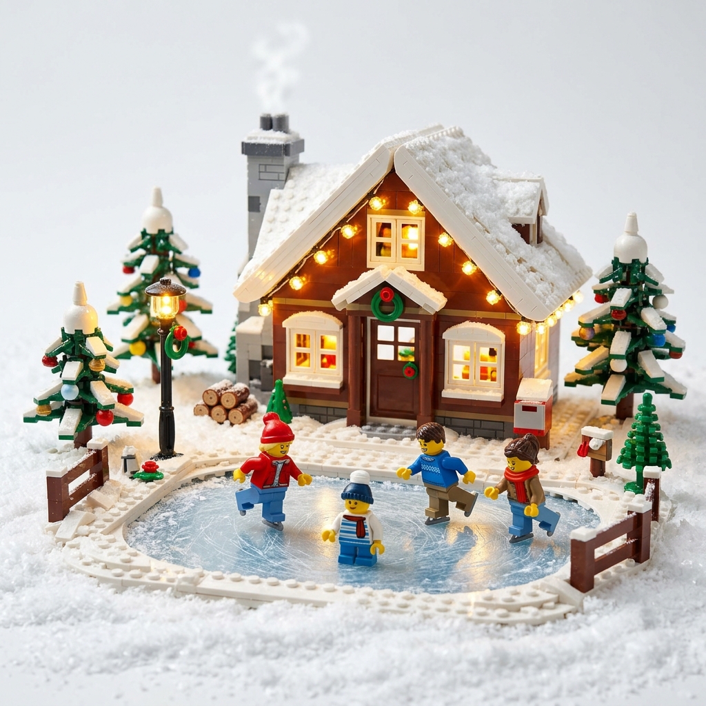 Acogedora escena macro de un pueblo navideño de LEGO con cabañas nevadas y luces cálidas