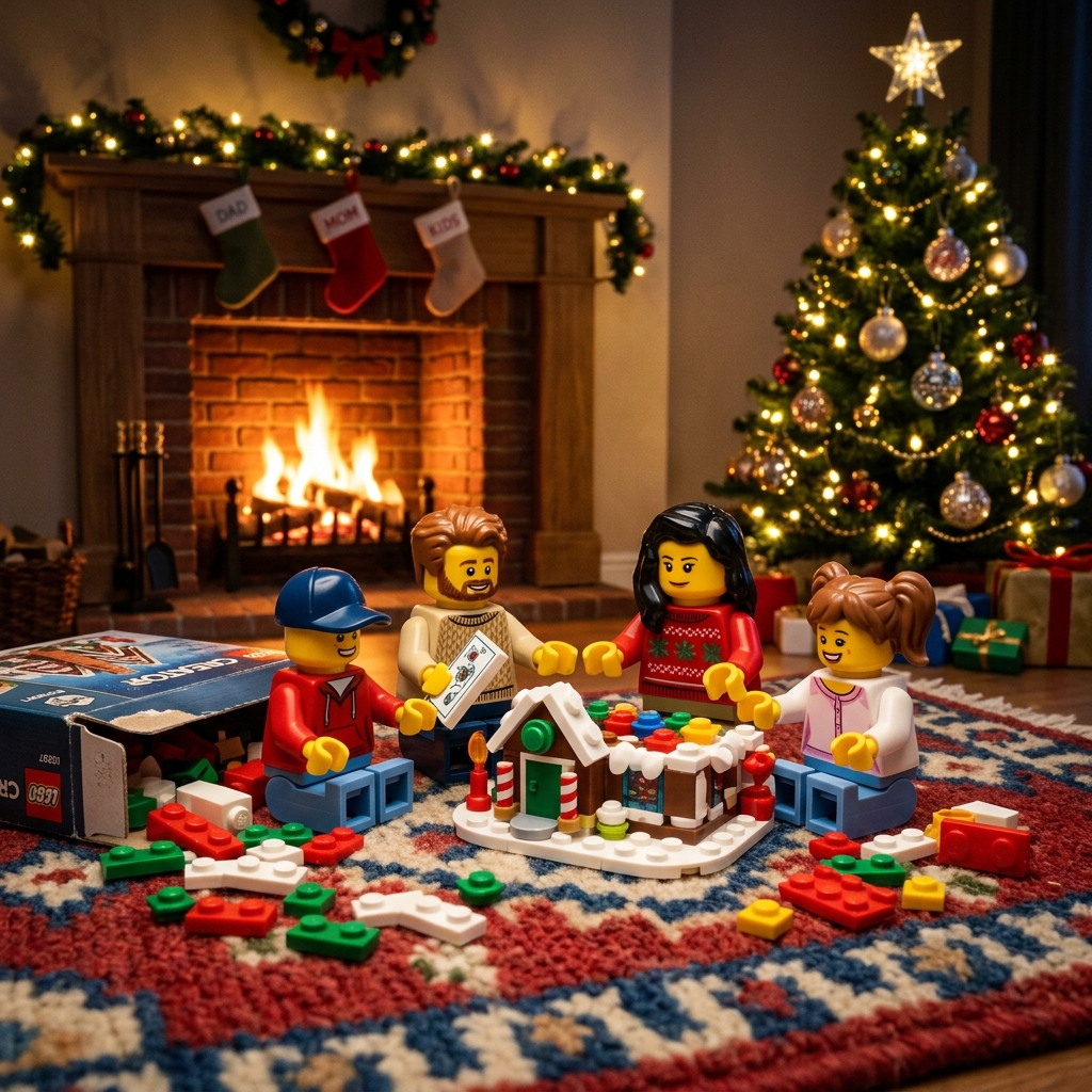 Familia construyendo el mejor LEGO navideño bajo la cálida luz del árbol de Navidad y la chimenea