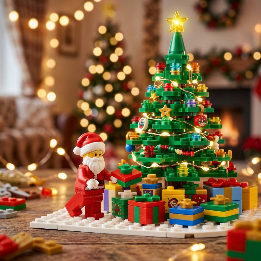 Papá Noel de LEGO dejando espectaculares regalos navideños bajo un gran árbol decorado