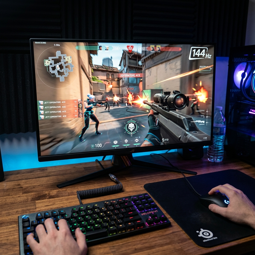 Monitor gaming a 144Hz mostrando un shooter en primera persona muy fluido