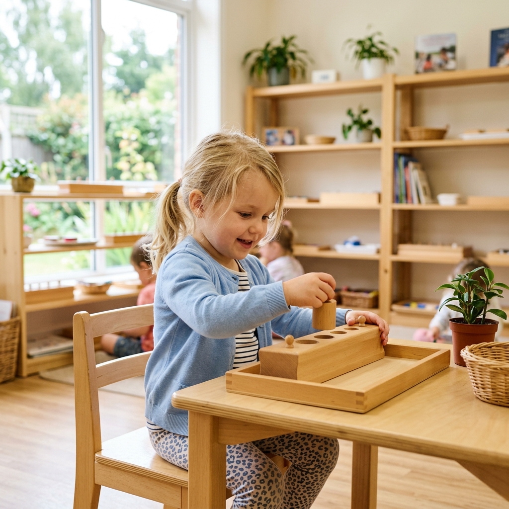 Niño aprendiendo con materiales de madera en un entorno Montessori