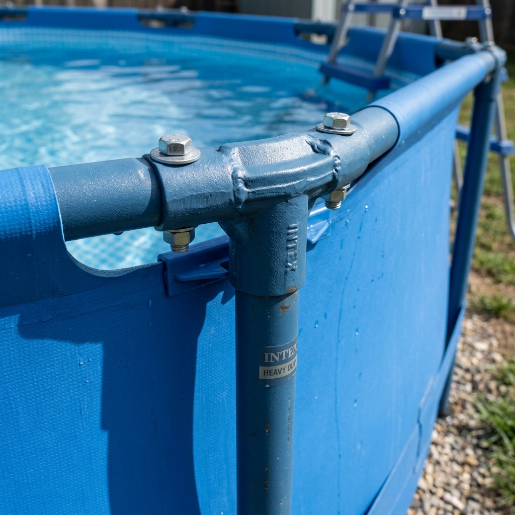 Detalle de la estructura tubular y lona azul de la piscina Intex Metal Frame