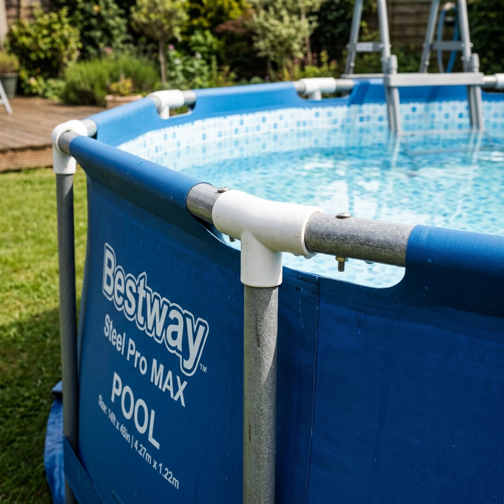 Detalle del ensamblaje del marco de acero y lona de la piscina Bestway Steel Pro Max