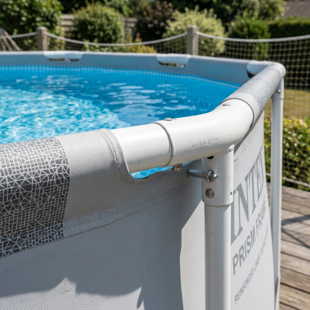 Detalle del ensamblaje ovalado y la lona premium gris de la piscina Intex Prisma Frame