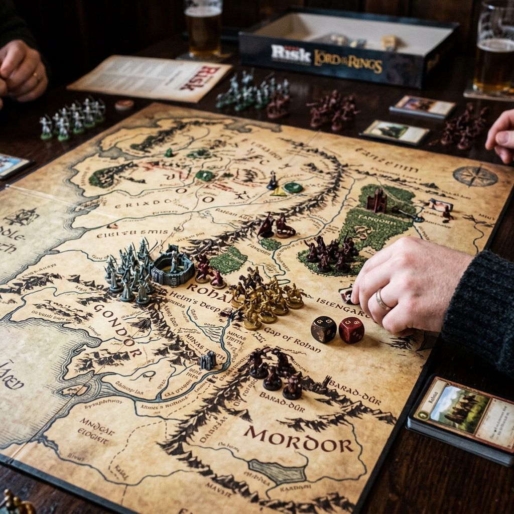 Detalle del tablero y fichas del Risk El Señor de los Anillos en Castellano
