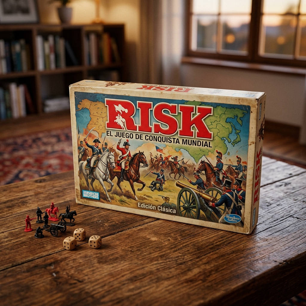 Tablero clásico de Risk repleto de ejércitos desplegados