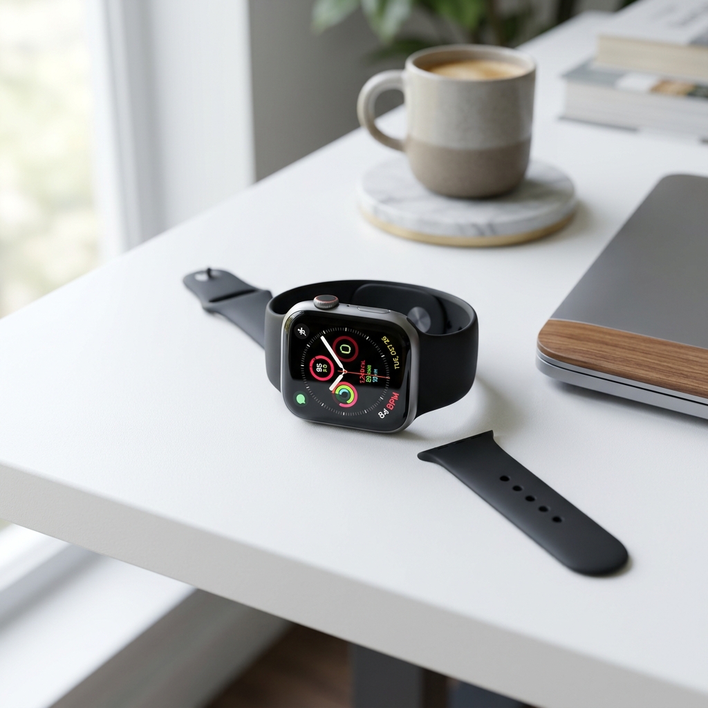 Smartwatch estilo Apple Watch Series 9 en escritorio blanco