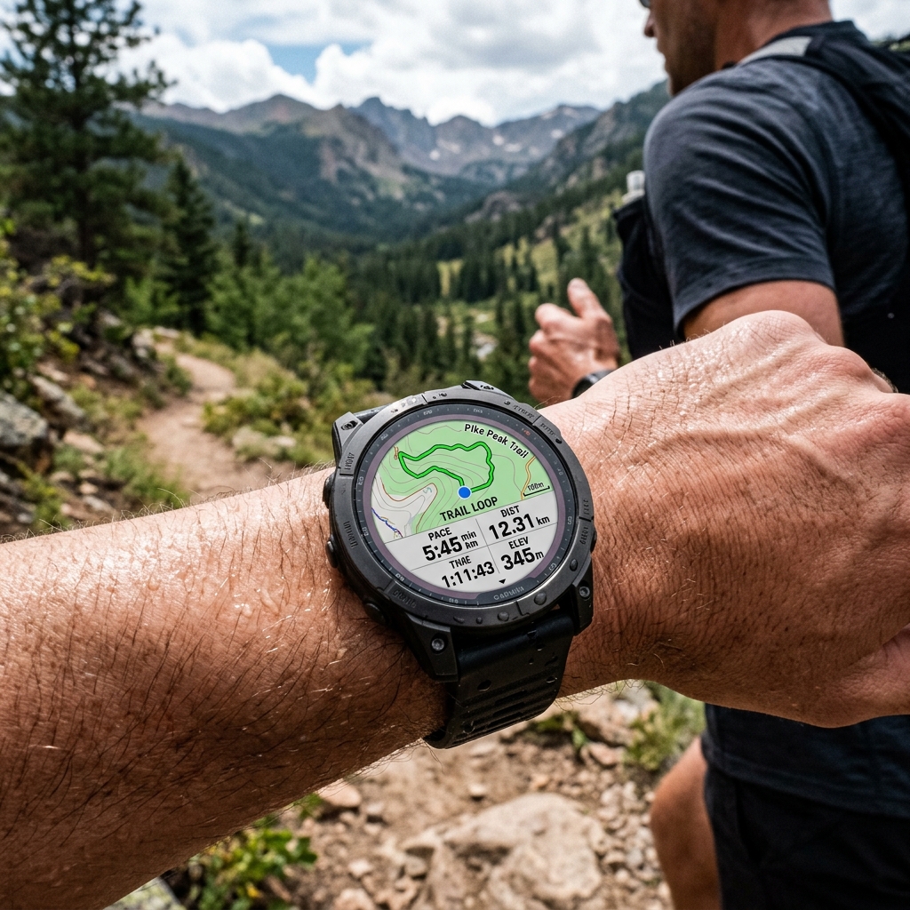 Smartwatch deportivo resistente estilo Garmin Forerunner mostrando ruta GPS
