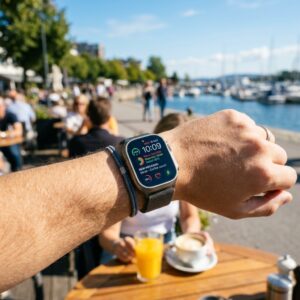 Persona usando un smartwatch premium en un día soleado