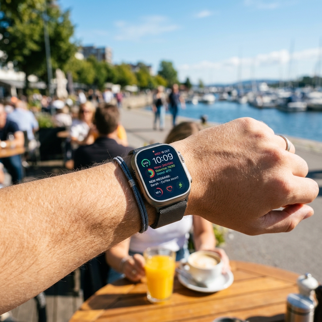 Persona usando un smartwatch premium en un día soleado