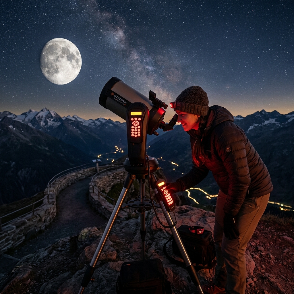 Persona observando la luna con telescopio Celestron computarizado
