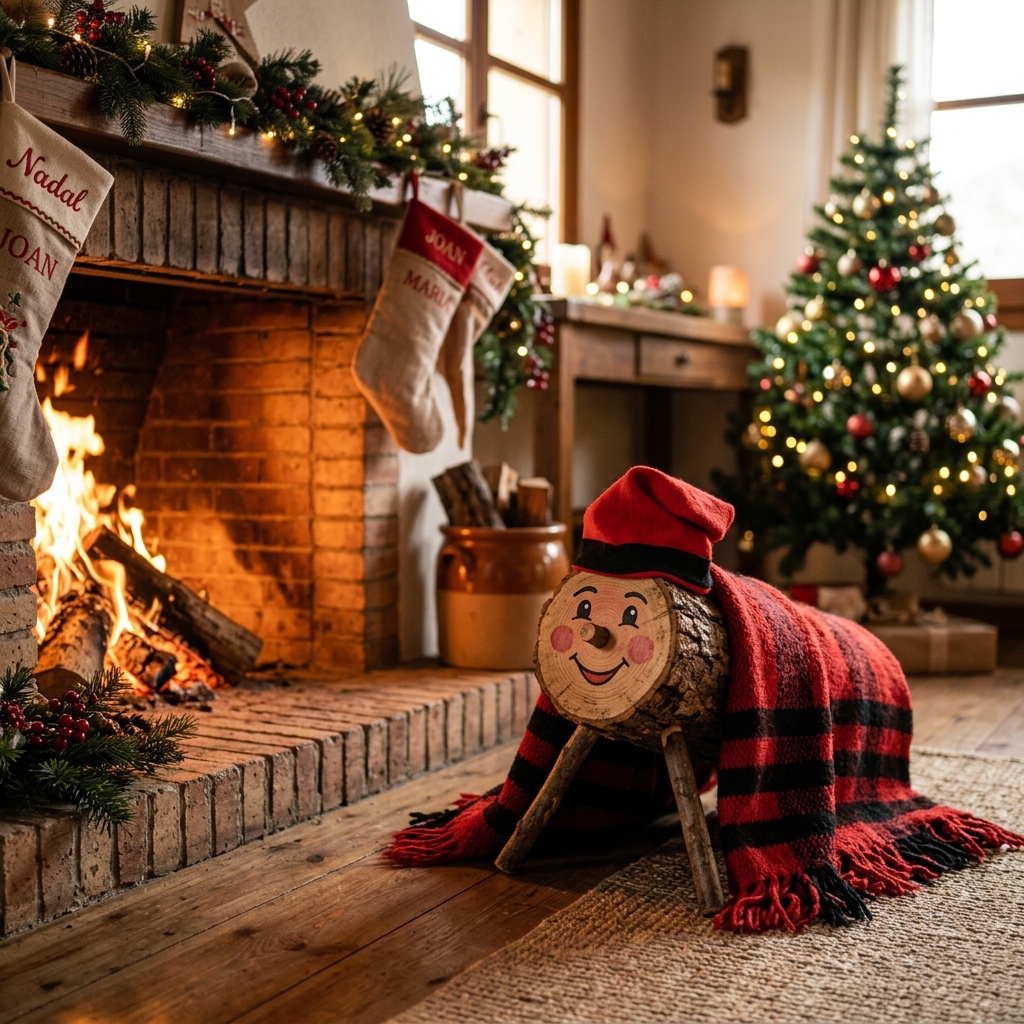 Tió de Nadal catalán junto a la chimenea